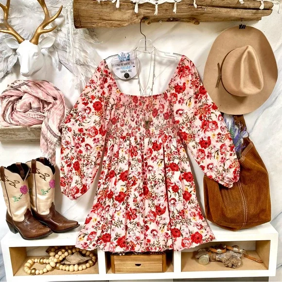 Ballon sleeves prairie floral boho dress w shabby chic country feel - Picture 4 of 11